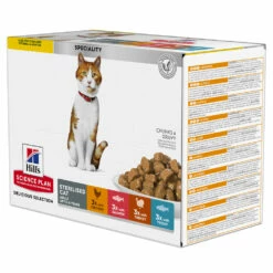 Hill's Science Plan Adult Sterilised Croquettes Et Boîtes Pour Chat Stérilisé -Promos VetoStore Boutique Hills science plan cat adult sterilised meals bags mix pack chicken turkey salmon trout 1